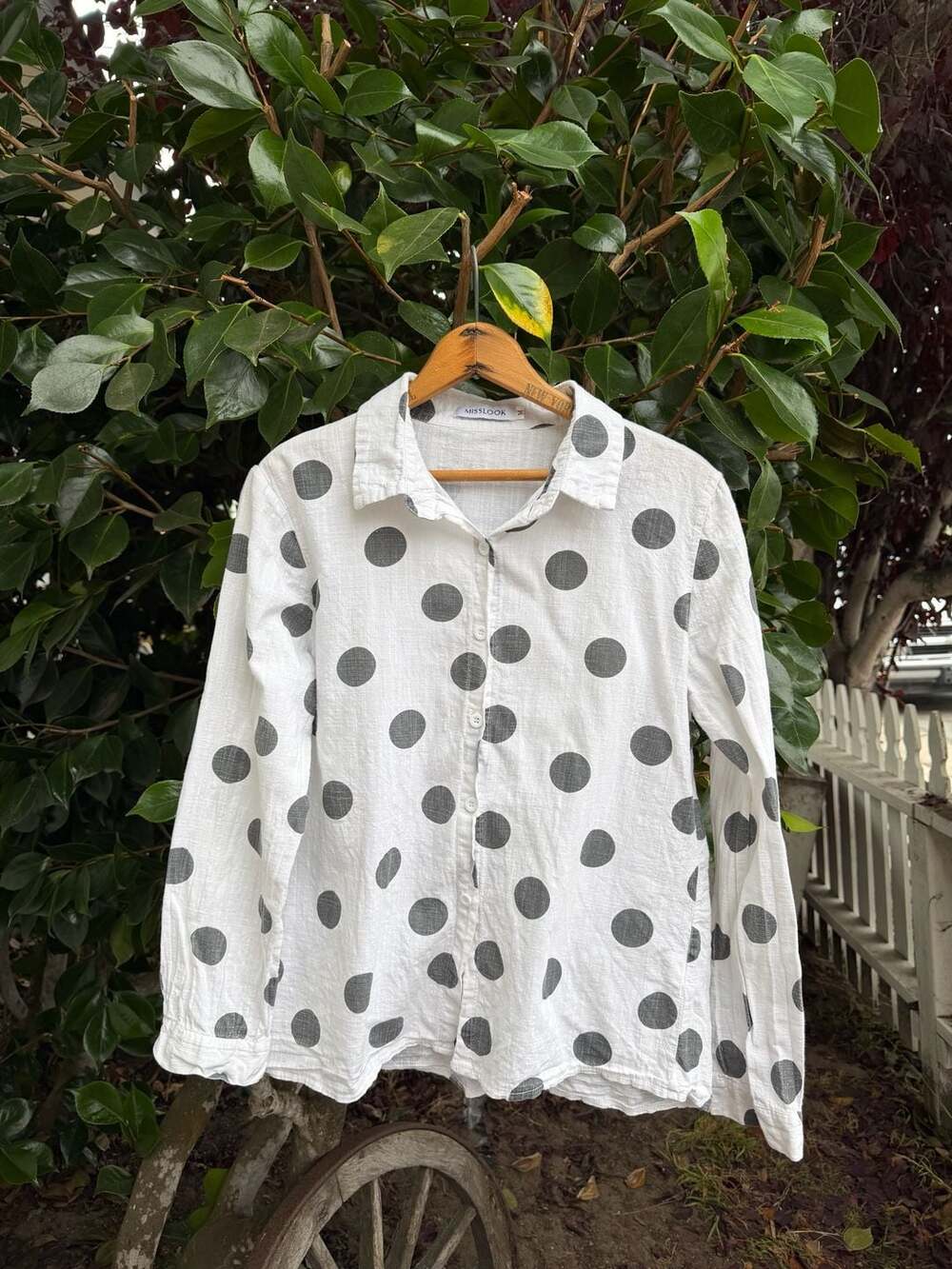 Mistook Long Sleeve Button Down Shirt White Black Polka Dot